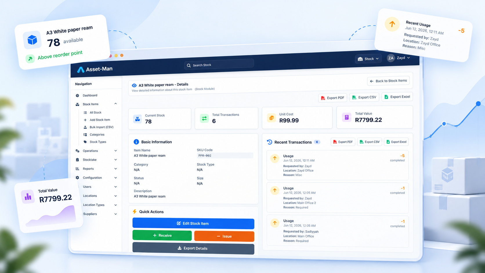 Asset-Man dashboard showing stock management